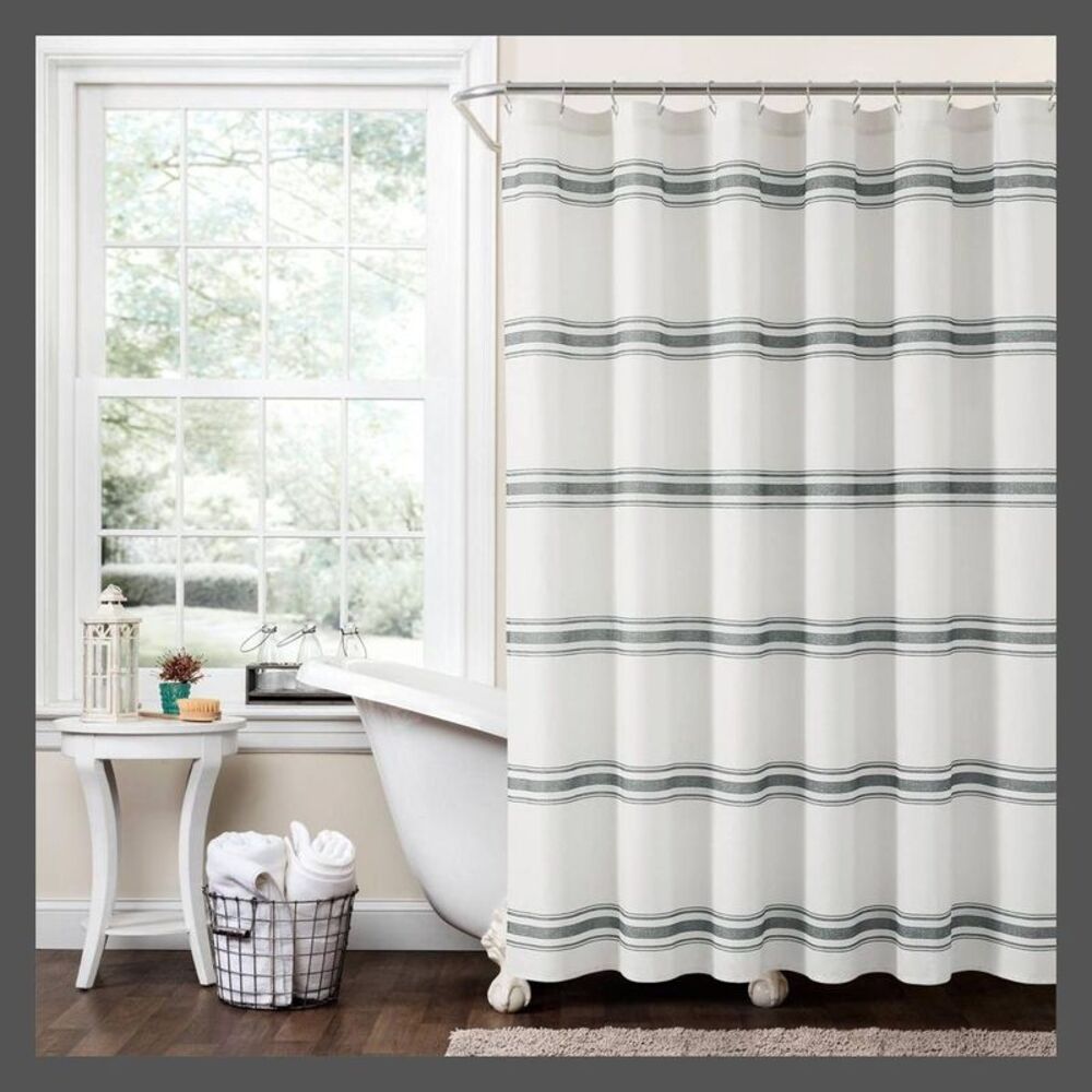 Lush Decor Farmhouse Stripe Cotton Printed Shower Curtain 72"x72" Dark Gray